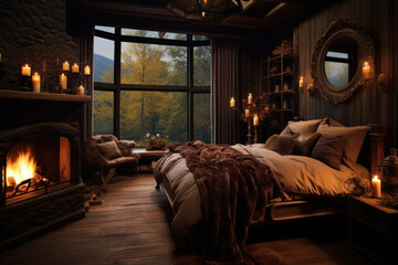 cozy bedroom interior in natural tones, blanket candles fireplace houseplants