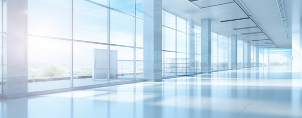 Obraz premium interior of an empty office building with large panoramic windows on a sunny day, legal AI
