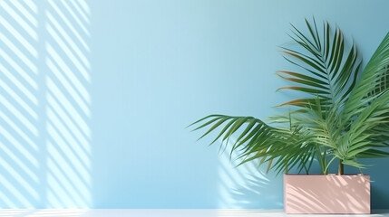 Fototapeta na wymiar Potted palm tree against a blue wall on a sunny day, legal AI