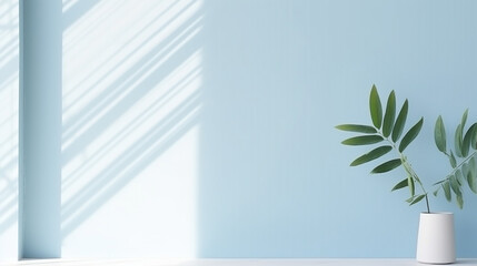 decorative tropical plant in a vase against a blue wall on a sunny day, legal AI