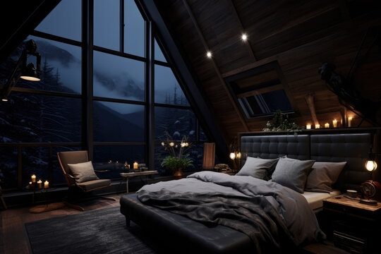 cozy cabin bedroom interior in dark tones, generative AI