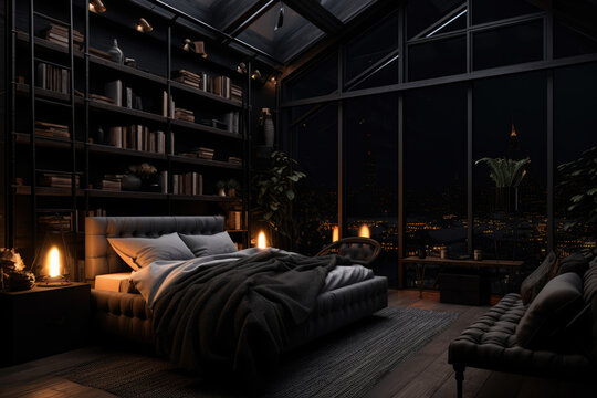 cozy bedroom interior in dark tones, generative AI