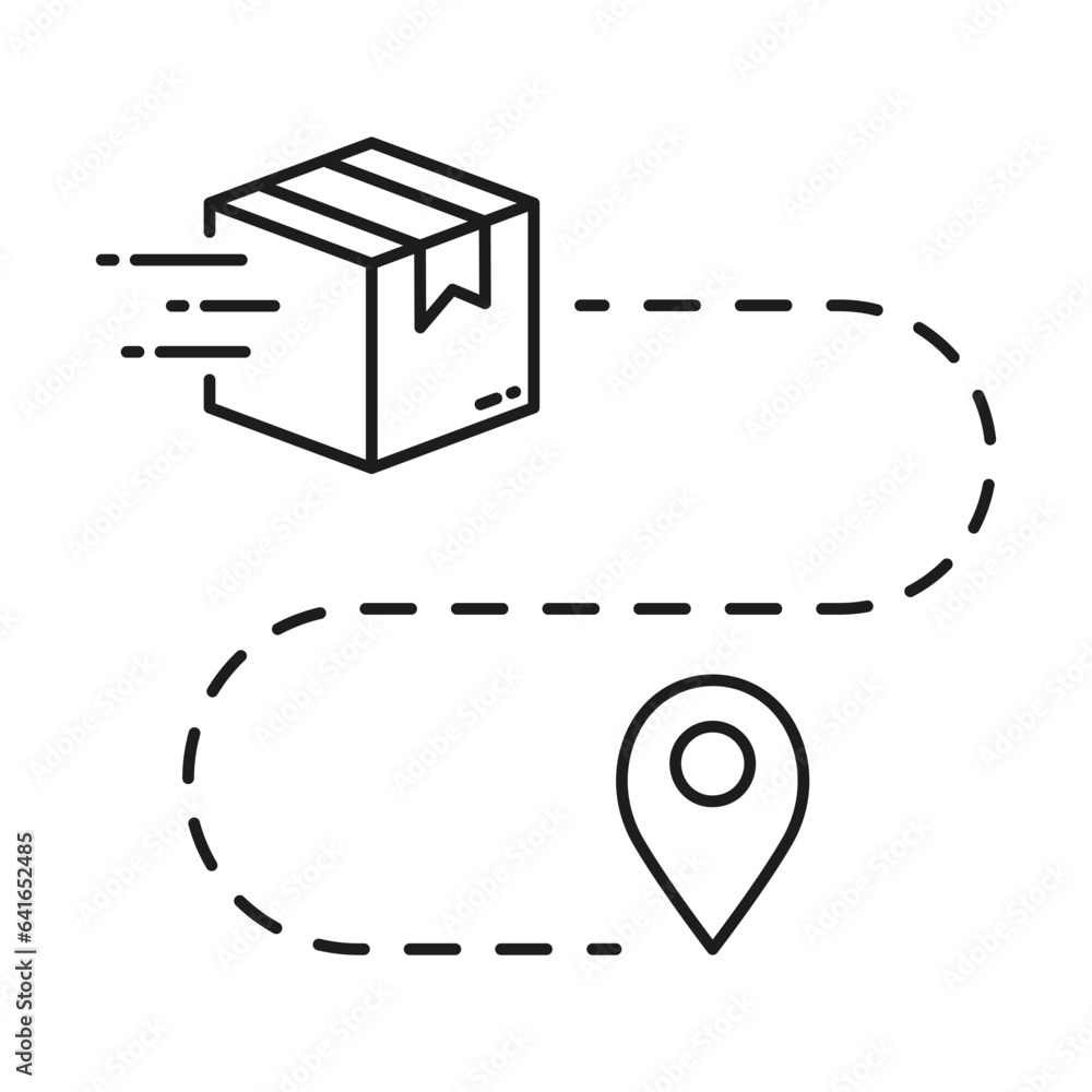 Poster delivery service route line icon. parcel location linear pictogram. pin on map with box, shipment di