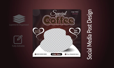 Coffee shop social media post design template or square web banner.