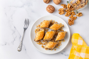 Traditional Turkish dessert; Handmade walnut baklava. Turkish name; cevizli baklava