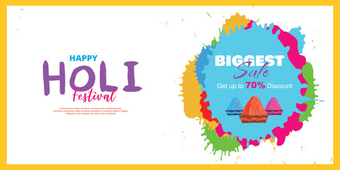 Fototapeta na wymiar Happy holi festival colorful splatter with yellow border background wishes banner and poster design