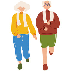 Elderly couple jogging together flat illustration