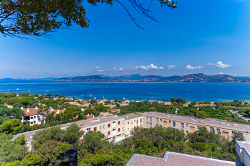 Aerial view of Giens Peninsula on a sunny spring day with Mediterranean Sea, beach and saline in...