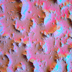 Abstract textured surface with vibrant pink, blue, and beige hues, featuring crater-like patterns and iridescent lighting. Ideal for futuristic, sci-fi, and digital art projects