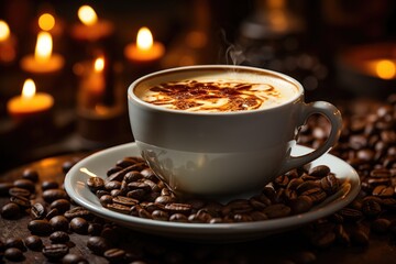 Cup of cappuccino on table with scattered coffee beans and candles