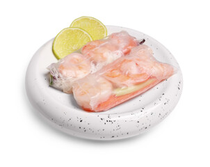 Delicious spring rolls with shrimps wrapped in rice paper on white background