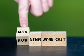 Wooden cubes form the expression 'morning workout' and 'evening workout'.