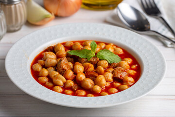 Traditional delicious Turkish foods; Turkish Food Chickpeas with Meat. Turkish name; Etli nohut