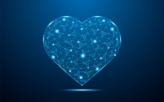Low poly love heart vector with futuristic concept. Medical or greeting blue color low poly wire-frame design. Save lives, love together, friendship illustration.