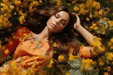 Beautiful young woman with long curly hair and perfect skin wearing orange linen dress posing near blooming flowers in a garden.
