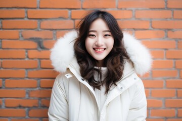 Happiness Asian Girl In A White Coat On Brick Wall Background. Сoncept Happiness, Asian Girl, White Coat, Brick Wall Background
