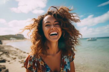 Portrait of happy young woman smiling at sea. Brunette tanned girl in swimwear enjoying and walking on beach. - 641654413