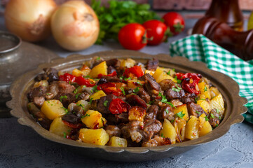 From Turkish cuisine; meat, vegetable kebab, casserole. Turkish name; Maras Tava or Kahramanmaras Tava - Orman Kebabi