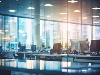 Blurred empty open space office. Design background with abstract light bokeh at office interior. Generative AI