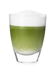 Glass of tasty matcha latte isolated on white