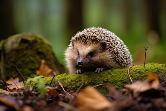 Cute adult hedgehog in summer or autumn forest. Young beautiful hedgehog in natural habitat, outdoors in nature.