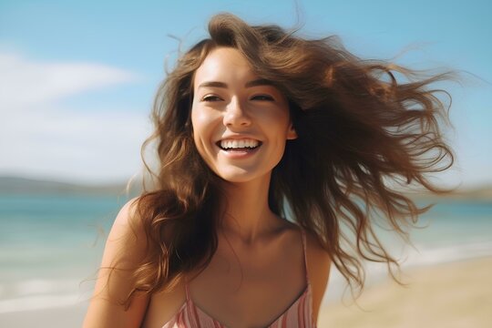 Portrait of happy young woman smiling at sea. Brunette tanned girl in swimwear enjoying and walking on beach.