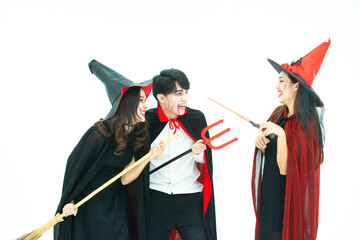 Spooky Chic: Asian Witch and Vampire Dracula Strike a Pose on White Background