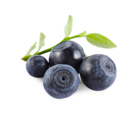 Delicious ripe bilberries and green leaves isolated on white