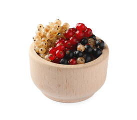 Bowl with fresh red, white and black currants isolated on white