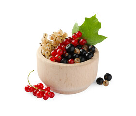 Fresh red, white and black currants in bowl with green leaf isolated on white