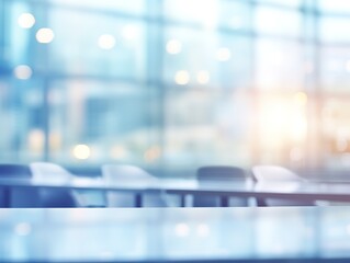 Blurred empty open space office. Design background with abstract light bokeh at office interior. Generative AI