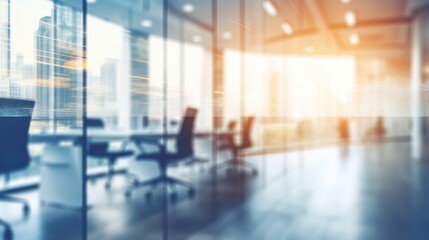 Blurred empty open space office. Design background with abstract light bokeh at office interior. Generative AI