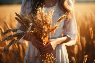close up of young woman hands touching spikelets in cereal field