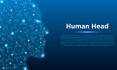 Low poly human head vector with futuristic concept. Blue color low poly wire-frame design. Medical and health illustration.