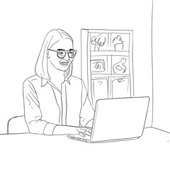 Happy business woman employee with glasses at her desk looking laptop. Hand drawn sketch style black and white drawing.