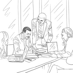 Hand drawn office workers at business meeting. Sketch style drawing. Happy young bussines people around table.