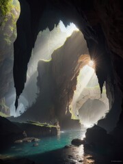 A gorge with water and soft light. Generative AI