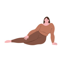 Chubby woman wearing exercise suit sitting pose flat illustration