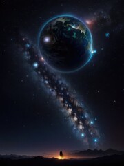 Night landscape with a starry sky. Planet, space. Illustration. Generative AI