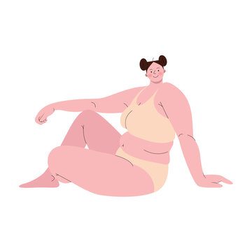 Chubby woman wearing two piece sitting pose flat illustration