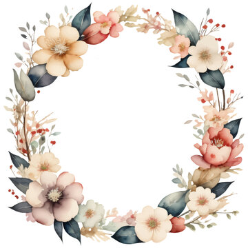 a wreath watercolor frame of wedding flowers and leaves decoration template background. generative AI