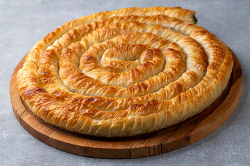 Turkish Tepsi Boregi, Round Borek, Tray pastry (Turkish name; rulo borek)