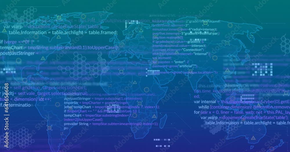 Poster animation of computer language over circuit board pattern on map against blue background