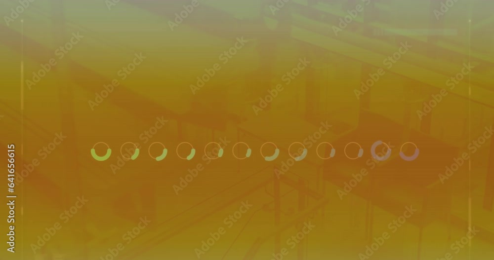 Poster animation of multiple loading circles over overhead view of office