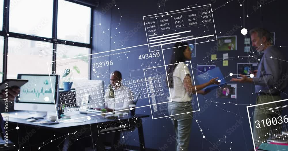 Aufkleber animation of graphs, loading squares and connected dots, diverse coworkers discussing reports