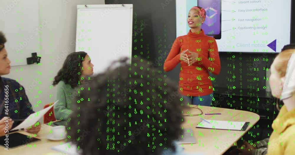 Poster animation of falling binary codes over diverse female explaining strategy on screen to coworkers