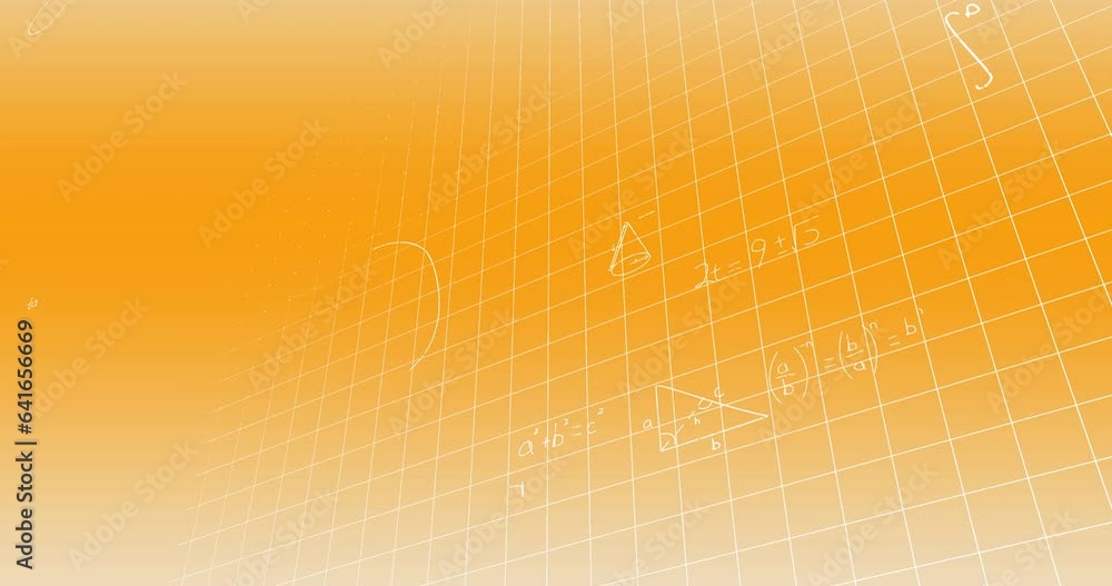 Poster animation of mathematical equation and diagrams with grid pattern over yellow background