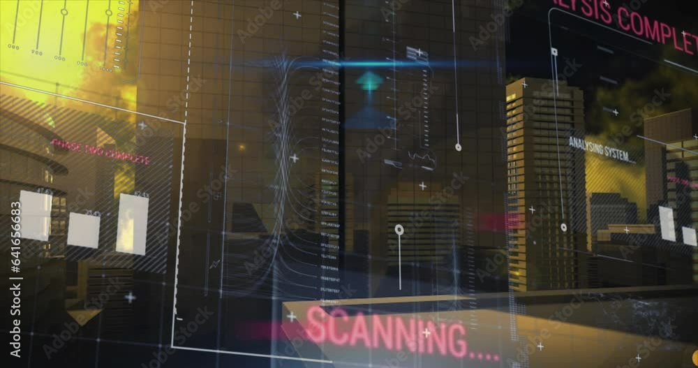 Poster animation of graphs, texts and computer language over modern buildings against cloudy sky