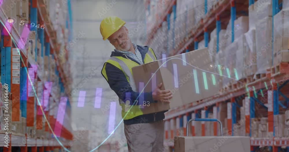 Poster animation of graphs with changing numbers, caucasian man in pain after picking up cardboard box
