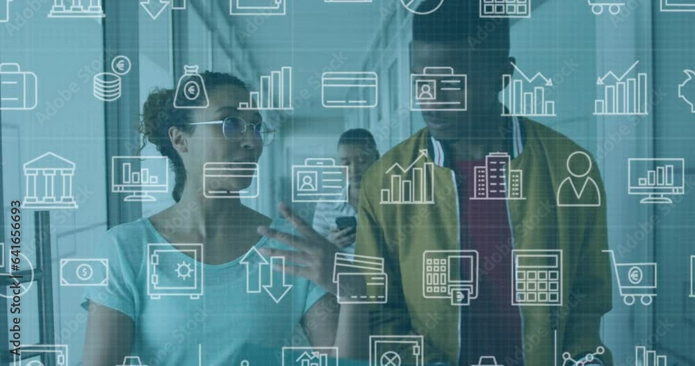 Poster animation of multiple icons, diverse coworkers discussing while walking in corridor of office